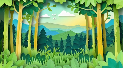 Summer forest nature landscape vector illustration in paper cut origami style. Woodland natural background promoting ecology and environment conservation.
