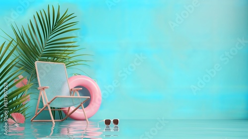 3D Summer travel concept with inflatable ring, folding chair, sunglasses and palm leaves against tropical blue background