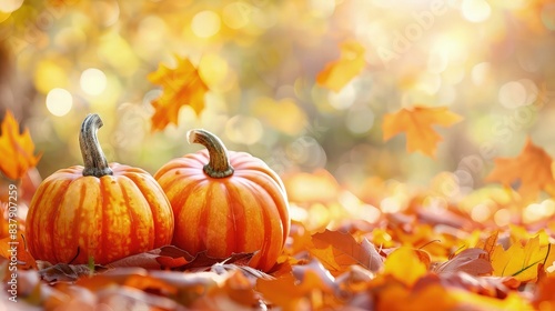 Thanksgiving pumpkins on autumn leaves background. Thanksgiving pumpkins on the nature background of falling autumn leaves. Copy space.