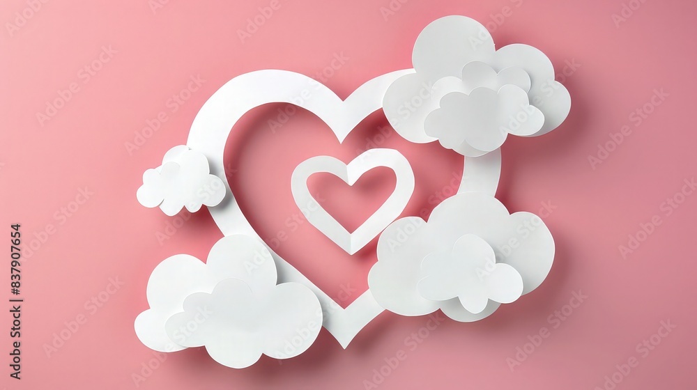 Valentine's Day voucher featuring paper cut style white clouds and a white heart frame on a pink background. Place for text. Valentine's Day voucher featuring paper cut style white clouds and a white heart frame on a pink background. Place for text.