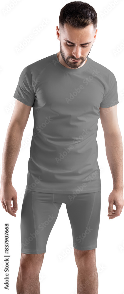 Grey t-shirt, compression suit mockup on bearded man, png, front view Grey t-shirt, compression suit mockup on bearded man, png, front view