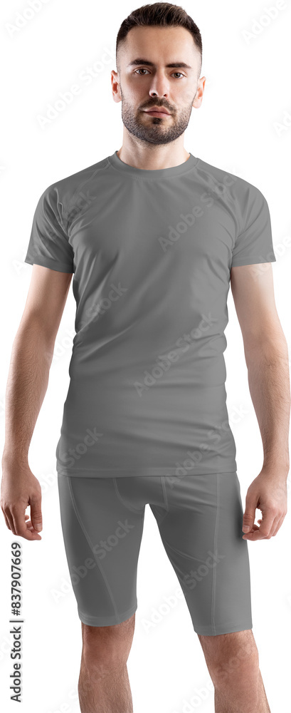 Grey t-shirt, compression suit mockup on bearded man, png, front view Grey t-shirt, compression suit mockup on bearded man, png, front view