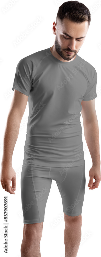 Grey t-shirt, compression suit mockup on bearded man, png, front view Grey t-shirt, compression suit mockup on bearded man, png, front view