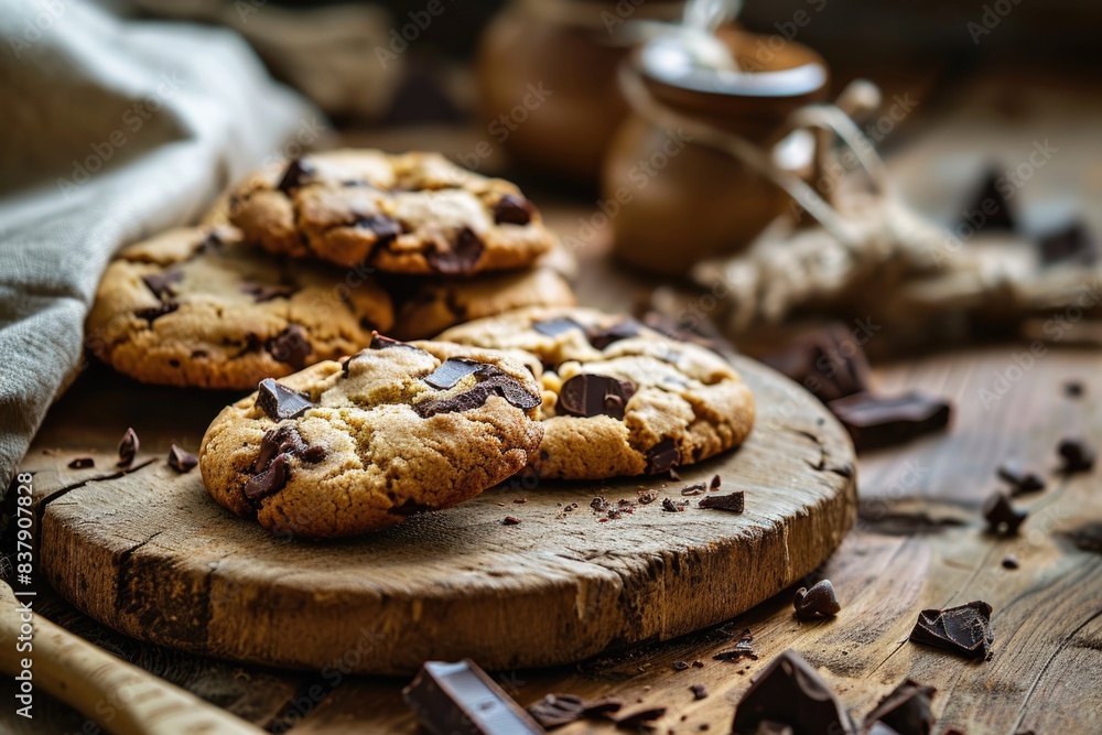 Chocolate chip cookies on a wooden board. Dark rustic style. Chocolate chip cookies on a wooden board. Dark rustic style.