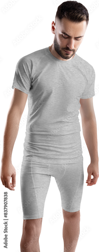 Heather t-shirt, compression suit mockup on bearded man, png, front view Heather t-shirt, compression suit mockup on bearded man, png, front view