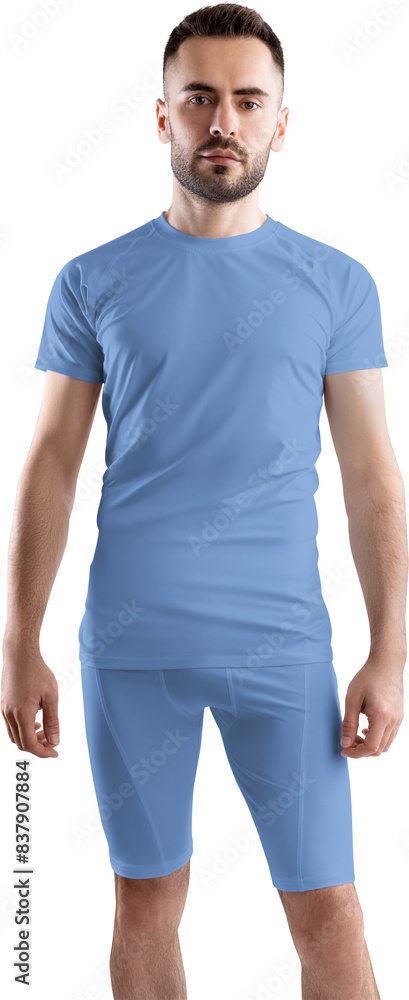 Light Blue t-shirt, compression suit mockup on bearded man, png, front view Light Blue t-shirt, compression suit mockup on bearded man, png, front view