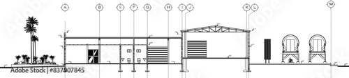 Vector illustration sketch of a detailed design drawing of a warehouse building for the oxygen industry 