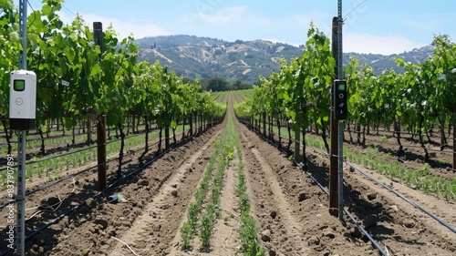 vineyard rows equipped with P-IoT sensors on stakes monitoring vine health, predicting disease before it spreads
