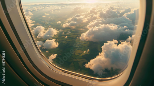 aerial view from airplane window above green ground. view from the airplane window with beautiful clouds at sunrise isolated on white background, flat design, png photo