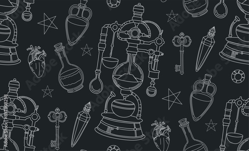 Vector illustration. Seamless pattern. Chemical revction. Alchemist's alembic. Bottles with elixir. Chemical ornament. Pattern on the theme of alchemy and mysticism.