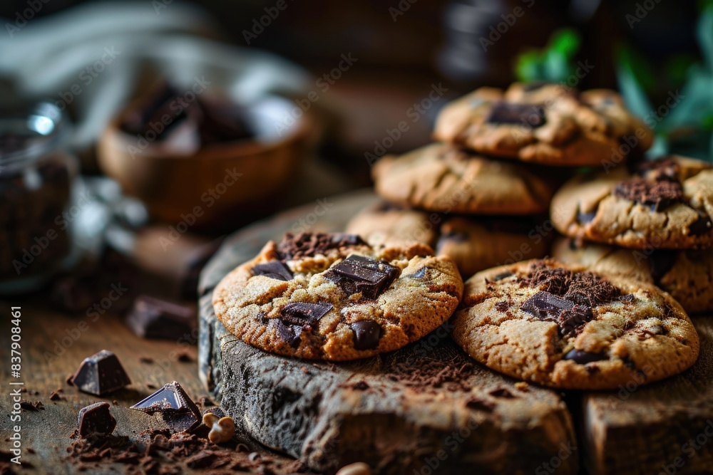 Chocolate chip cookies on rustic wooden background, selective focus. Chocolate chip cookies on rustic wooden background, selective focus.
