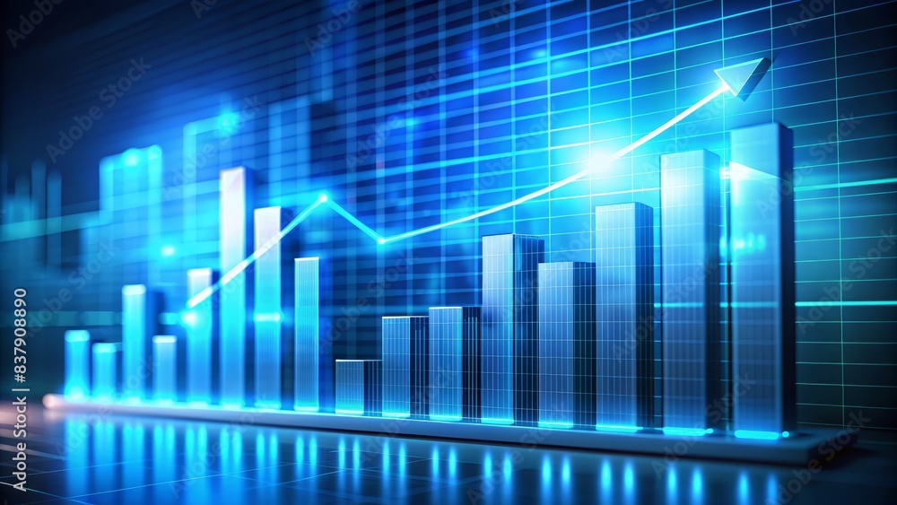 Bar graph on virtual screen displays steady growth in sales data, illuminated by soft blue light, with sleek modern lines and futuristic ambiance, conveying business success. Bar graph on virtual screen displays steady growth in sales data, illuminated by soft blue light, with sleek modern lines and futuristic ambiance, conveying business success.