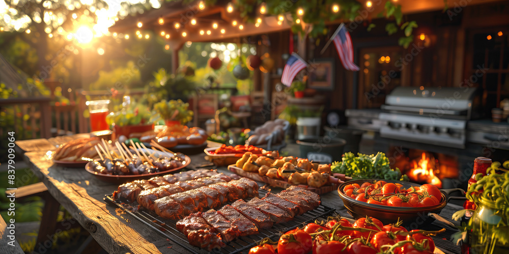A table with traditional dishes for a Fourth of July celebration served at backyard, with American flags waving on backdrop. A table with traditional dishes for a Fourth of July celebration served at backyard, with American flags waving on backdrop.