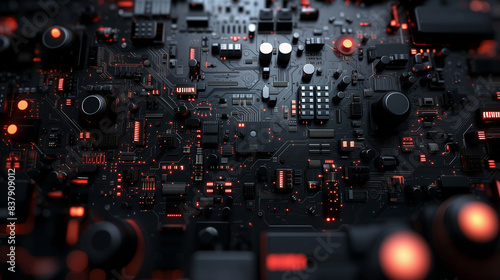 Abstract futuristic background in dark colors. Black abstract microcircuits and processors. AI generative