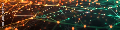 Futuristic technology background featuring orange and green dot connections forming an intricate plexus network