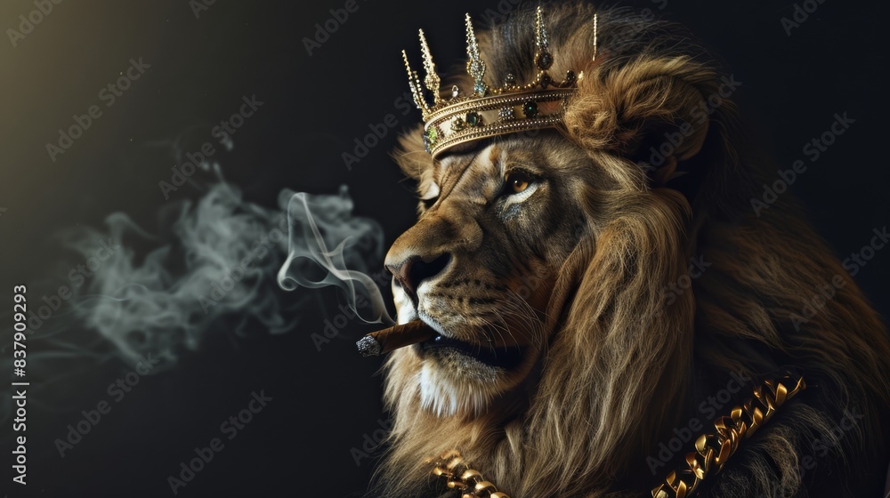Lion wearing a crown in a suit smoking a cigar on a black background. Lion wearing a crown in a suit smoking a cigar on a black background.
