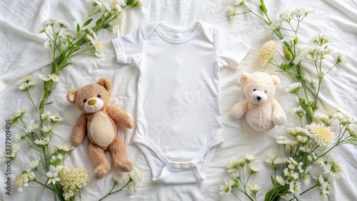 Adorable white cotton baby short sleeve bodysuit and teddy bear sit on a beautiful white linen blanket surrounded by white summer flowers, blank onesie template visible. photo