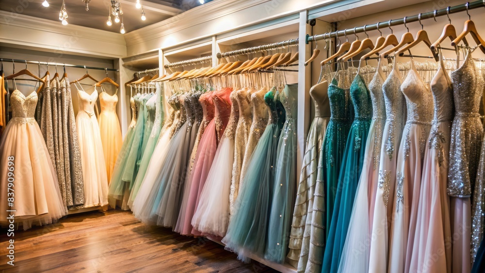 Racks of glamorous gowns in a cozy boutique, sequins and tulle sparkling, enticing signs reading dress rental and prom perfection on rustic wooden shelves await. Racks of glamorous gowns in a cozy boutique, sequins and tulle sparkling, enticing signs reading dress rental and prom perfection on rustic wooden shelves await.