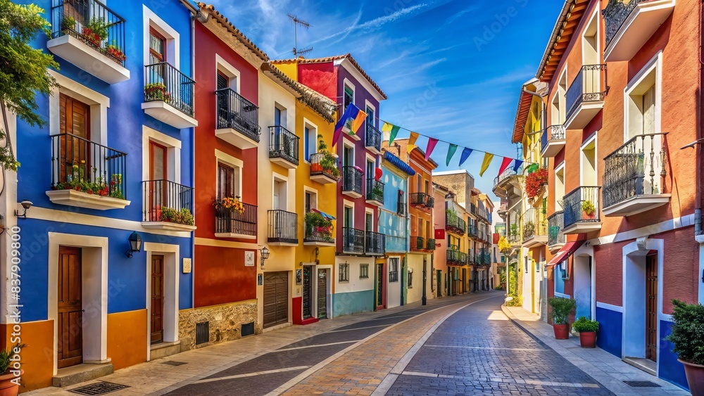 Fototapeta premium Colorful narrow street in villajoyosa, spain, features vibrant multi-hued houses, la vila joiosa municipality building, and provincial flags, under a serene blue sky.