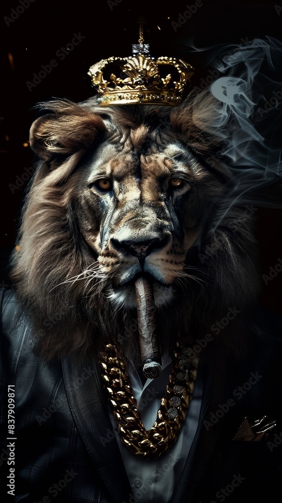 Fototapeta premium Lion wearing a crown in a suit smoking a cigar on a black background.