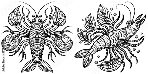 Shrimp Black and white vector illustration. For kids coloring book.