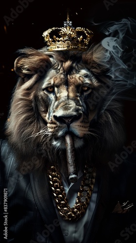Lion wearing a crown in a suit smoking a cigar on a black background.