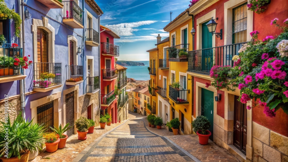 Obraz premium Narrow cobblestone street in la vila joiosa, spain, lined with multicolored houses, flowers, and ornate balconies, leading to the mediterranean sea in the background.