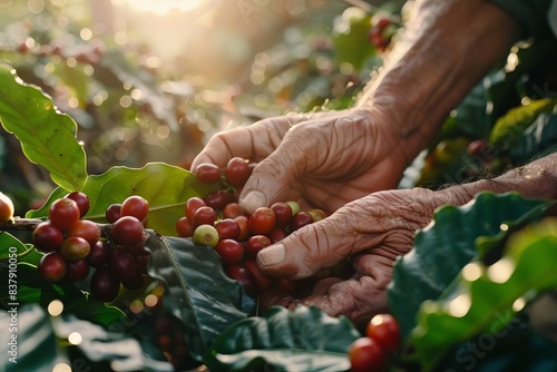 farmers hands gently picking ripe red coffee cherries at misty sunrise showcasing artisanal coffee production for premium commercial brand