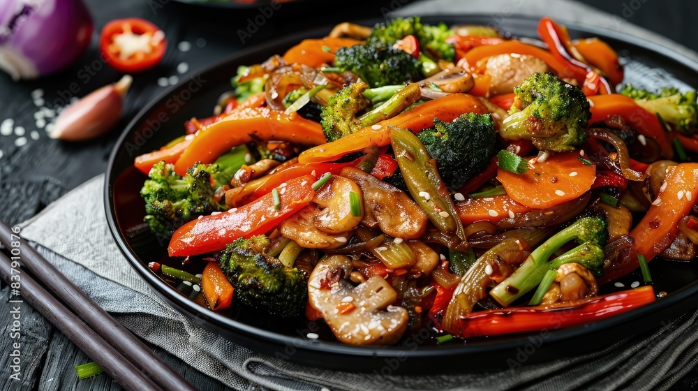 Hot stir fried vegetables on black plate. Healthy asian food concept with copy space. Hot stir fried vegetables on black plate. Healthy asian food concept with copy space.