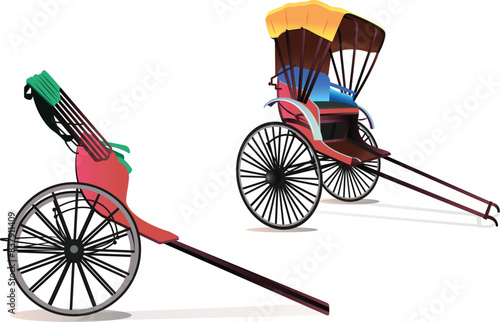 Kolkata hand-pulled rickshaw and yellow taxi. Two-wheeler, yellow rickshaw side view