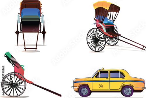 Kolkata hand-pulled rickshaw and yellow taxi. Two-wheeler, yellow taxi