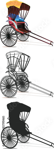 Kolkata hand-pulled rickshaw line art. Two-wheeler, yellow rickshaw