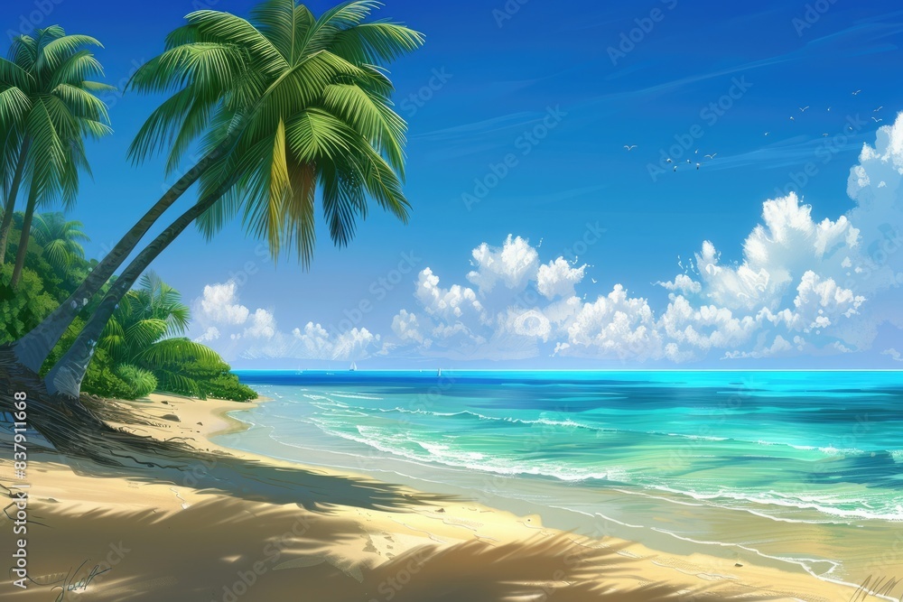 Tropical Paradise Beach with Palm Trees and Turquoise Waters. Hand-painted Watercolor Seascape Illustration