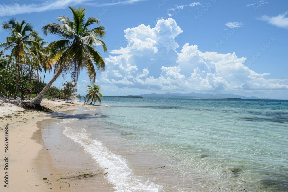 Tropical Paradise: Exotic Beach with Palm Trees, Golden Sand, and Crystal Clear Waters Tropical Paradise: Exotic Beach with Palm Trees, Golden Sand, and Crystal Clear Waters