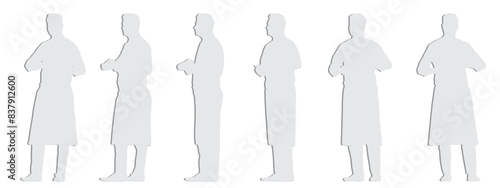 Vector conceptual gray paper cut silhouette of a male waiter taking an order from different perspectives isolated on white background. A metaphor for working, business, relaxation and lifestyle