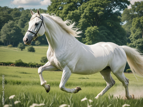 white thoroughbred horse gallops across the lush green fields on a summer day