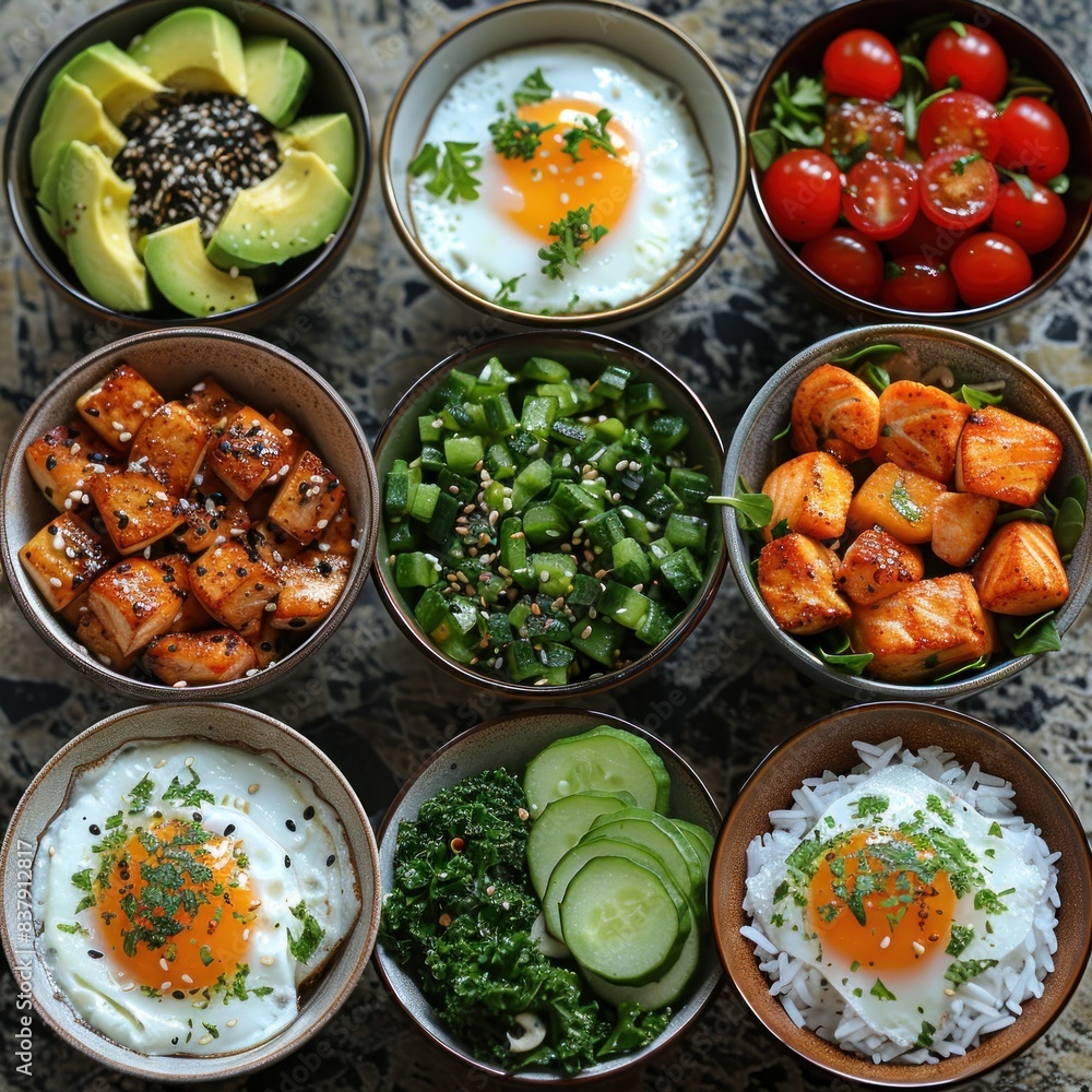Assorted healthy meal bowls top view Assorted healthy meal bowls top view