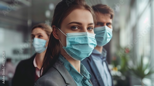Portrait of people working in office during epidemic. Workers take mask in office, workplace or company. Health compliance. Close up.