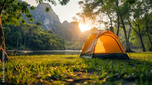 Camping point, tent camping on green grass near river and mountains with morning sunlight in summer, close up. Tourist tent in summer forest.