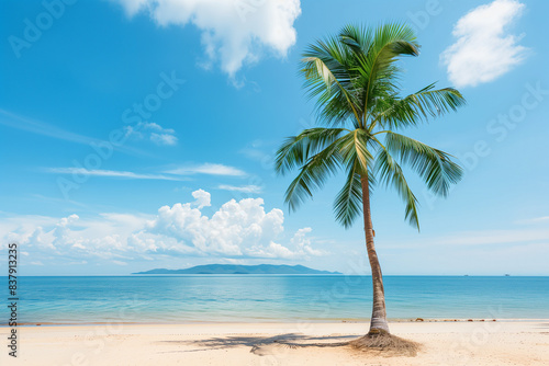 Serene Tropical Beachscape with Palm Tree Under Blue Sky - Relaxation and Tranquility by the Seashore