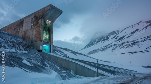 A secretive view of the Svalbard Global Seed Vault in Norway, in a realistic photographic style, showcasing the entrance to the underground facility storing seeds from around the world.