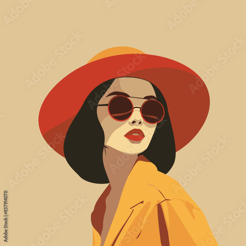 Stylish Woman Posing with Red Hat, Modern Glasses, Beautiful Lady