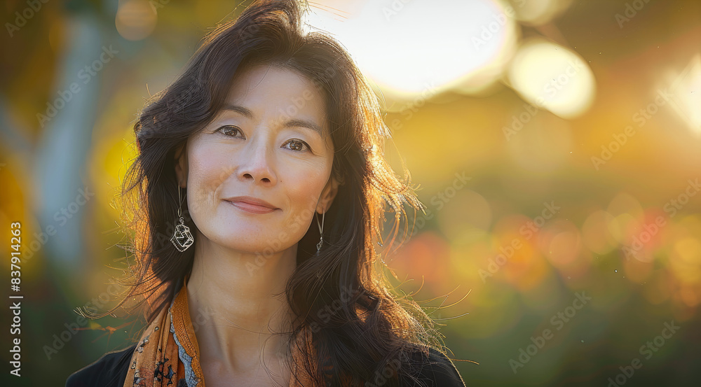 A 40 year old Asian woman. Slightly smiling and Feeling of confident and content. Vibrant outdoor setting. Generative AI. A 40 year old Asian woman. Slightly smiling and Feeling of confident and content. Vibrant outdoor setting. Generative AI.