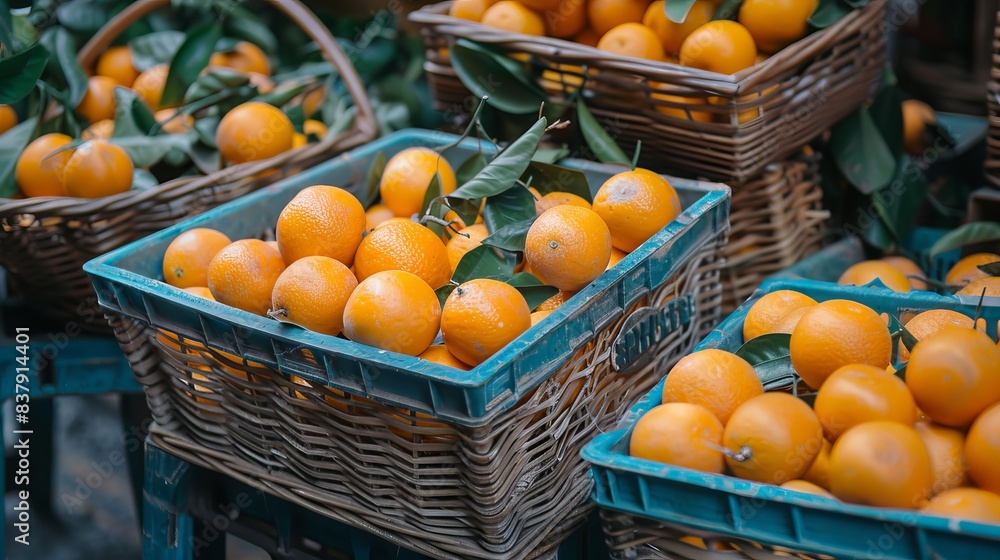 Detailed image of freshly picked oranges being loaded into baskets, raw style, bright and vibrant colors, market day setting Detailed image of freshly picked oranges being loaded into baskets, raw style, bright and vibrant colors, market day setting