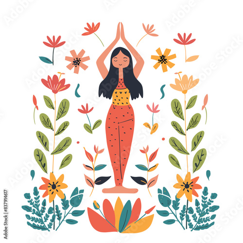 Woman practicing yoga surrounded plants, standing tree pose, peaceful meditation. Female character yoga exercise, wellness concept, relaxing amongst floral nature. Ethnic woman practice, tranquil