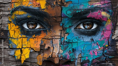 Creative abstract painting of a human face on wood bark, bold and colorful brush strokes emphasizing expression