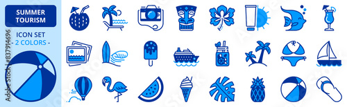 Icons in two colors about summer tourism.