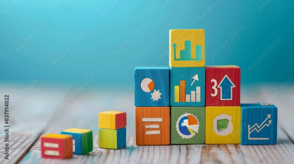 Strategic Success KPI Icons on Wooden Blocks Symbolizing Business Growth and Achievement Strategic Success KPI Icons on Wooden Blocks Symbolizing Business Growth and Achievement