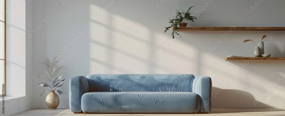 Obraz premium Blue Sofa & Wooden Shelf in Modern Scandinavian Living Room
