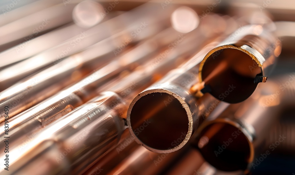 Naklejka premium Aluminum radiator with copper heat pipes close up isolated Clean copper tubing prepared , Generative AI